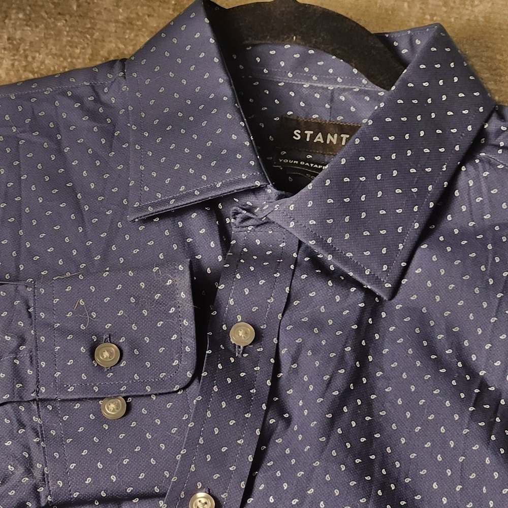 Stantt Button Down Shirt Mens Cooper Navy Blue White Paisley Cotton Long Sleeve
